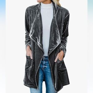 Velvet Open Front Cardigan in Gray